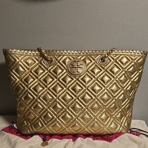 Tory Burch Gold Quilted Tote Bag